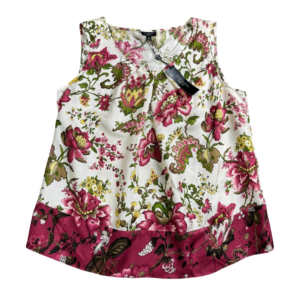 Talbots Silk Floral Blouse Womens 10 Ivory Pink Sleeveless‎ Shell Botanical Tank